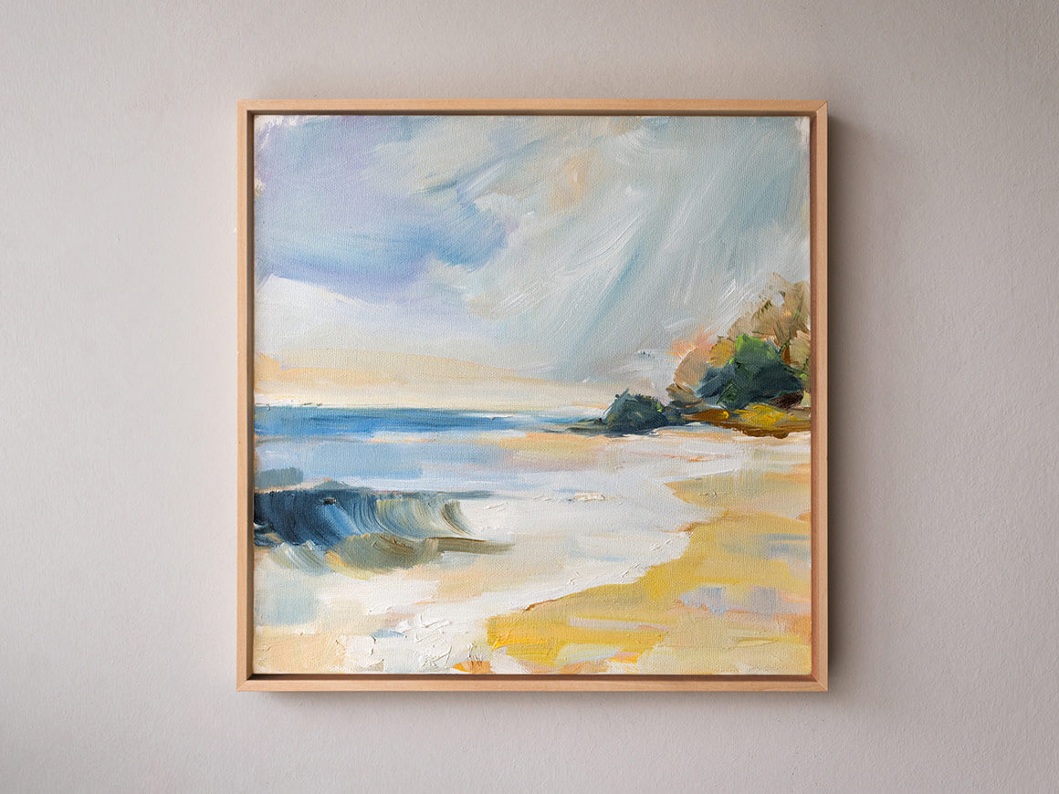 Strand-Oelgemaelde-Schattenfugenrahmen „Strand I“ – Original Ölgemälde im Schattenfugenrahmen, Unikat – Bild 1