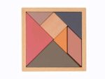 angram aus Holz von Egmont Toys mit sieben geometrischen Formen in Rosa, Orange und Rauchblau.